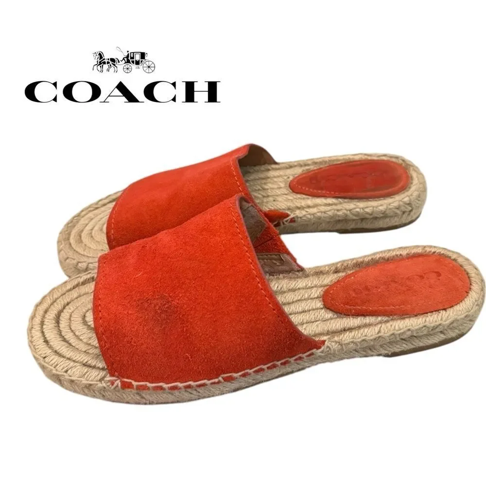 Coach Women's Claudia Coral Red Suede Leather Slide Espadrille Sandals 7.5